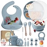 O'doe 17-Piece Baby Led Weaning Feeding Supplies for Toddlers, Baby Feeding Set | Suction Silicone Baby Bowl Self Eating Utensils with Spoons, Bibs, Sippy Cup, Food Plate Kit with Lid | Blue V2