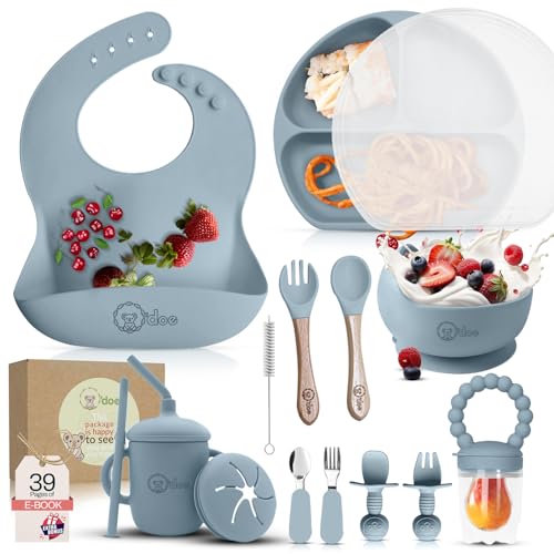 Image of O'doe 17-Piece BPA-Free Silicone Baby Feeding Set | Thick & Soft Suction Plates, Baby Bowls, Wooden Fork & Spoon, and More | Make Mealtime Fun and Easy for Your Little One (Blue, V2)