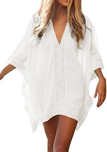 Women' s Solid Oversized V-Neck Beach Bikini Cover Up Swimsuit Bathing Suit Beach Dress (White, One Size)