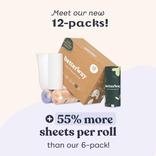 Image of Betterway Bamboo Paper Towels 12 Pack - Non Toxic, Eco Friendly, PFAS Free - 140 Sheets /Roll, 2-Ply, No Plastic, No Dyes, Compostable, Sustainable, Strong & Absorbent, FSC Certified, Natural, White