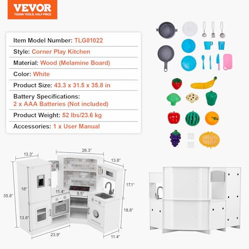 VEVOR Interactive Wooden Toy Play Kitchen Playset for Kids with Lights and Sounds, Corner Design with Ice Maker, Oven, Sink, Clock, Microwaves, Refrigerator and Accessories, for Girls & Boys, White by VEVOR - Image 7