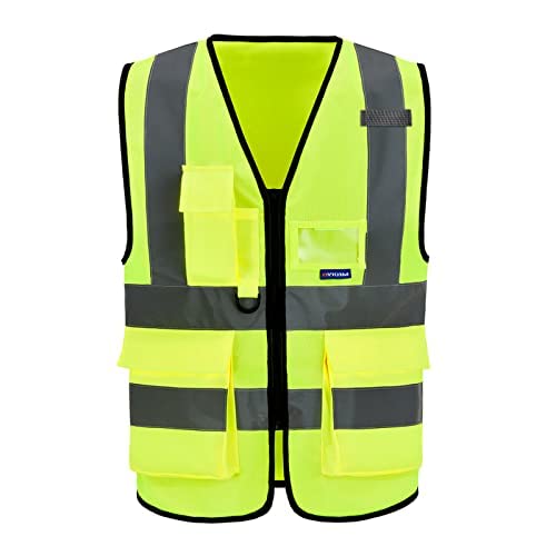 Image of safety vests | Yellow M Class 2 fabric work vest with reflective strips and 7 pockets for utility work and road work; 21 color options.