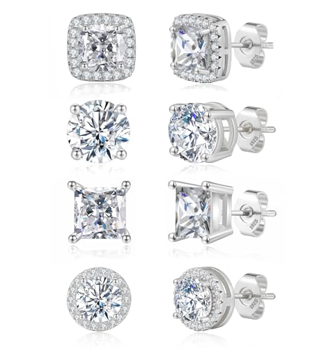 Geveay - Geveay Mens Silver Earrings Hypoallergenic Sterling Silver Stud Earrings For Men Brilliant Round Cut Diamond Cubic Zirconia Silver Stud Earrings Gifts For Men Women