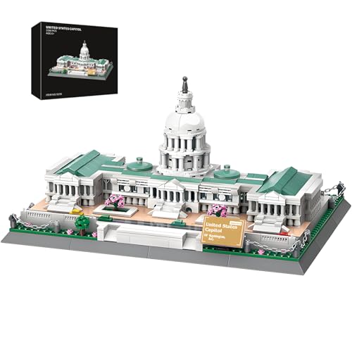 LQPFBSM United States Capitol Building Blocks Set 1074 Pieces Washington D.C. Architecture Model Kit with Nameplate & Chain Fence USA Landmark Souvenir Gift Construction Toy for Adults & Teens