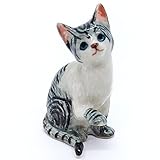 2' Tall Tiger Gray Cat Ceramic Figurine - Collectible Feline Pottery Animal Art - Grey Kitten Porcelain Miniature - Dollhouse Pet Replica Decorative Gift