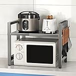 BELIFEGLORY Expandable Microwave Oven Rack, Kitchen Countertop Over Microwave Stand Shelf Unit, Kitchen Worktop Organiser for Air Fryer, Space Saving Standing Baker's Racks (Grey / 2-Tier)