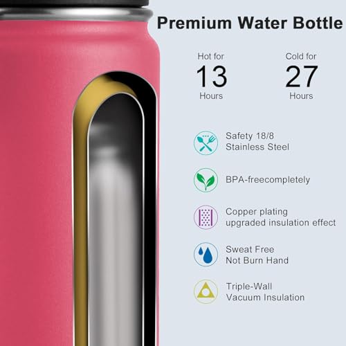 Image of koodee Insulated Water Bottle, 18oz Stainless Steel Double Wall Vacuum Wide Mouth Sport Bottle with Leakproof Spout Lid (Pink Red)