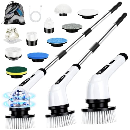 PATEMZON Cepillo Electrico Limpieza Hogar, Cepillo Limpieza Electrico-IPX7 con 9 Cabezales Reemplazables, Dos Velocidades Regulables y Mango Telescópico, para Baño, Cocina, Coche, Azulejos