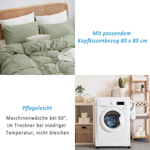 ATsense Bettwäsche 155x220 Baumwolle 2teilig, Stonewashed Bettwäsche-Sets Hellgrün Ähnlich wie Leinen, Oeko-TEX… – Ansicht 6