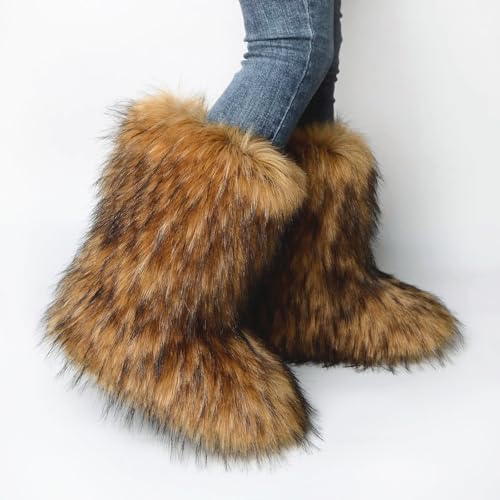 QMFUR Women's Furry Faux Fur Boots Fuzzy Fluffy Mid Calf Snow Boots Suede Warm Fur Lined Booties Flat Fashion Boots4