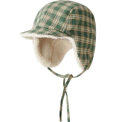 Houndstooth Print Winter Hat with Ear Flaps for Women Men Outdoor Warm Faux Fur Plaid Beanie Knit Skull Cap Reversible (Stylish Green)