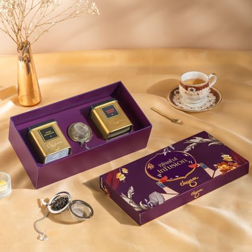 Image of CHAYAM Tea Gift Set with Infuser | 2 Loose Leaf Tins - Kashmiri Kahwa & Ginger Lemongrass (50g Each) | Soothing Green & Herbal Fusion | Tea Gift Pack for Tea Lovers | Wedding, Anniversary & Birthday Gift