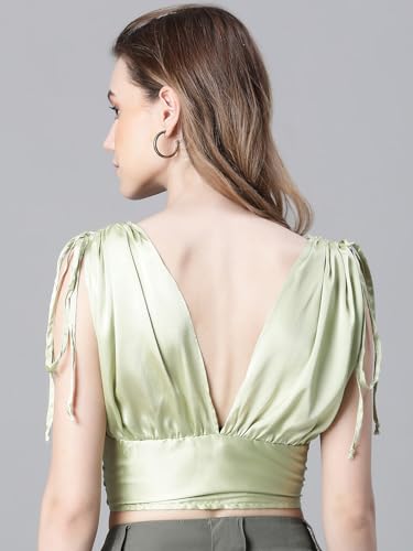 Image of oxolloxo Women Solid V-Neck Elasticated Tie-Up Satin Crop Top