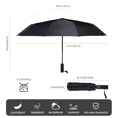 Bluinzi Double 10-Rib 46 Inch Compact Travel Umbrella for Rain and Sun - Small Automatic Folding Umbrella - Sturdy Portable Windproof Umbrella