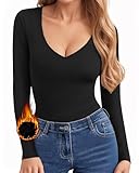 CLOZOZ Thermal Long Sleeve Shirts for Women Sexy V Neck Tops Fitted Tight T Shirts Basic Tee