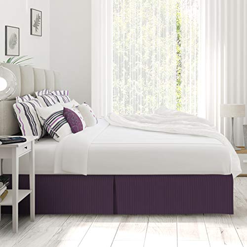 Image of Nestl Queen Bed Skirt - Damask Dobby Stripe Wrap Around Bed Skirt Queen Size - Double Brushed Microfiber 14 in Tailored Drop Pleated Bed Ruffle with Bed Skirt Pins - Purple