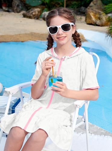 Image of BesserBay Girls Summer Beach Quick Dry Cover Up Ruffle Hem Terry Smocked Hooded 4-14 Years with Pockets