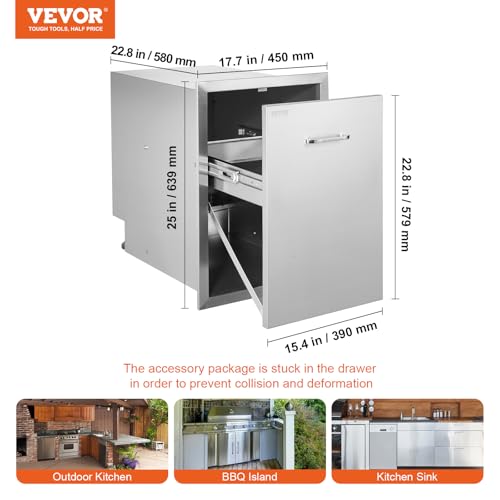 Image of VEVOR Outdoor Kitchen Drawers 17.7 inchW x 25 inchH x 22.8 inchD Stainless Steel | Cabinets Trash Drawer /Door /Combo, for BBQ Island, Patio Grill Station, Access Door Drawers, Handle, Smooth Sliding Rail