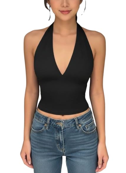Image of TIVANTE Solid V Neck Sleeveless Crop Top for Women Stylish Western || v Neck Tops for Woman || Halter Neck Tops for Women Stylish