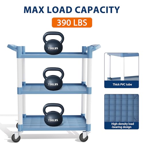 RAYOCON 3-Tier Large Plastic Service Utility Cart, Food-Service Rolling Cart with Wheels Heavy Duty Commercial Rolling for Restaurant,Household,Office (16.1\" D x 34.6\" W x 37.7\" H)
