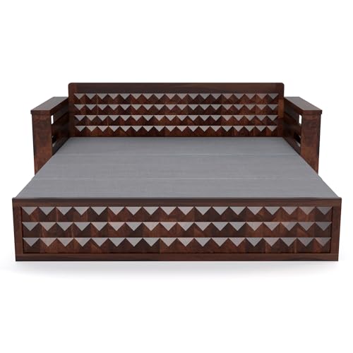 Image of Mamta Furniture Solid Sheesham Wood Sofa Set 3 Seater Furniture Wooden 3 Seater Sofa Cums Bed for Home Living Room with Cushions (Walnut with Grey, 3 Seater Design 1)