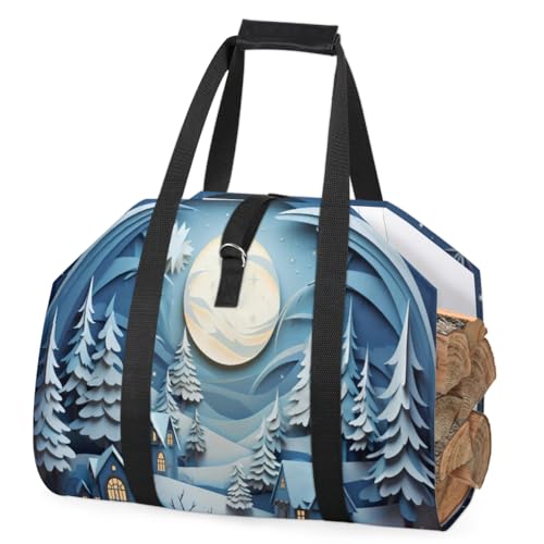 cfpolar Winter Schnee Landschaft Haus Baum Brennholz Log Carrier mit Griff, große Kapazität Brennholz Aufbewahrungstasche Holz Tragetasche Kamin Holzofen Zubehör Halter für Camping BBQ Kamin