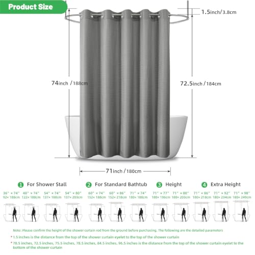 No Hook Waffle Shower Curtain, No Liner Needed Separate, 71x74 Inch, Grey
