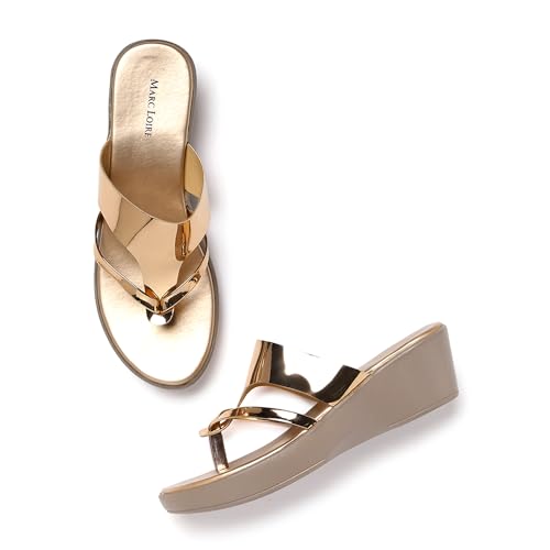 Marc Loire Women Round Toe Wedge Heel Sandal for Casual Wear (Gol...