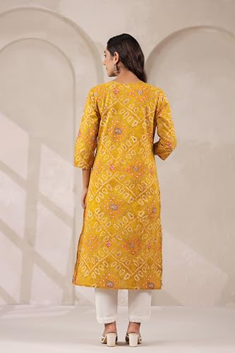 Image of Ichaa Women's Cotton Kurta | Printed Straight Kurta | V-Neck, 3 /4th Sleeve, Ethnic Wear