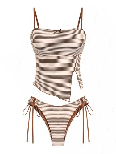seamoly Brown Striped Asymmetrical Hem Slit Bowknot Cinched Tie Side Tankini Set Brown S