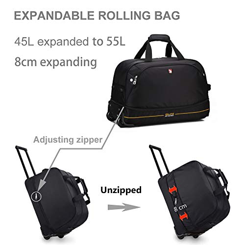 OIWAS Small Rolling Duffle Bag with Wheels 22 inch Travel Carry On Luggage Tote Suitcase Unisex-Adult Short Term Trips Expandable 45L to 55L Women Men Black