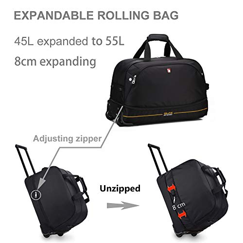 OIWAS Small Rolling Duffle Bag with Wheels Travel 22 inch Carry On Luggage Tote Suitcase Unisex-Adult Short Term Trips Expandable 45L to 55L Men Women Black