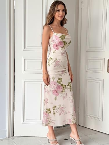 Image of Womens Summer Dress 2026 Spring Mesh Sleeveless Bodycon Ruched Floral Holiday Maxi Long Dresses