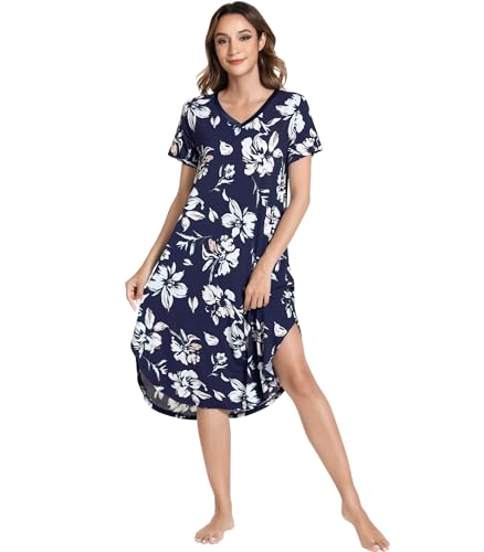 Image of NACHILA Nightgowns for Women-Viscose Made from Bamboo, V Neck Sleepshirts Short Sleeve Sleepwear Cool Nightshirt