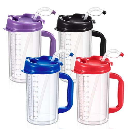 Kritkin 32 oz Hospital Cup with Straw Lid, Red, Blue, Black, Purple, 4 Pcs