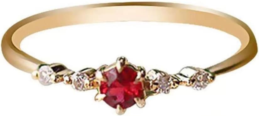 QUSIIOSLK 18K Gold Plated Ruby Ring with Round Cut AAA Cubic Zirconia Stackable Solitaire Ring Minimalism Austrian Red Crystal Plain Thin Ring Jewelry Gift for Women Size 5-10