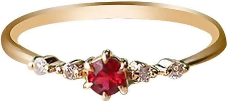 QUSIIOSLK 18K Gold Plated Ruby Ring with Round Cut AAA Cubic Zirconia Stackable Solitaire Ring Minimalism Austrian Red Crystal Plain Thin Ring Jewelry Gift for Women Size 5-10 7