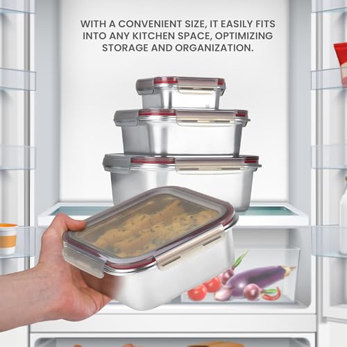 Image of MILTON Modulo Steel Rectangular Container with lock lid, Set of 3 (600,1200 & 2200 ml)|Airtight & Leakproof|Microwave & Oven safe| Light Weight | School, Office or Picnic use, Silver