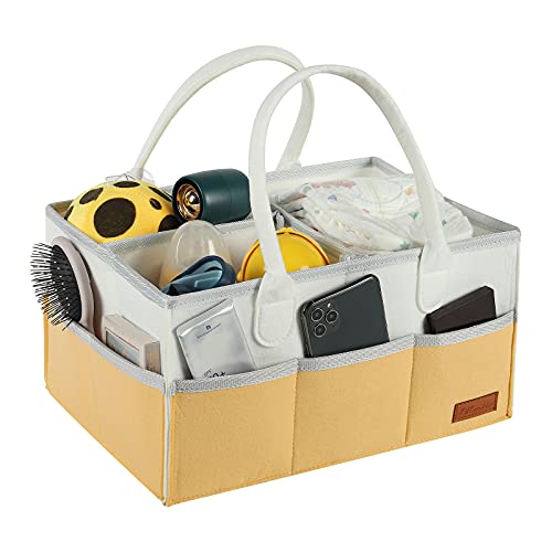 Organizador de pañales para bebé, con apertura multibolsillo, portátil, bolsa de fieltro con compartimentos cambiables, bolsa organizadora de pañales (blanco y amarillo)