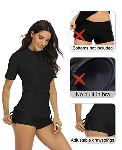 Halcurt Rash Guard Women Short Sleeve Swimming Shirts Zip Front Bathing Tops Xl Black #TOP3