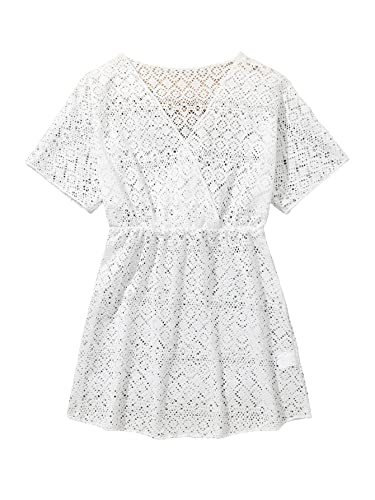 Cozyease Girls' Hollow Out Surplice V Neck Bikini Cover Up Solid Short Sleeve Plain Swimsuit Cover Up White 10Y #TOP25