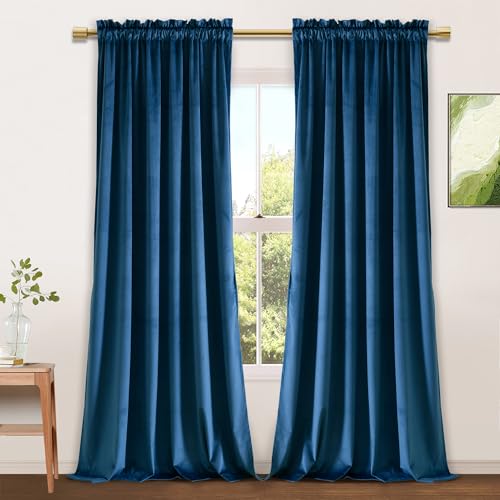 JIUZHEN Navy Velvet Blackout Curtains 60W x 84L 2 Panels with Tiebacks