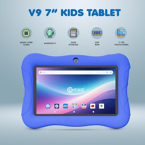 Image of Contixo 7 inch Kids Tablet Bundle - Ages 3-7, Android Tablet and Kids Headphones, Toddler Tablet with 14+ Games and Educational Apps, 32GB ROM, Android 11, Learning Tablet for Kids - Dark Blue