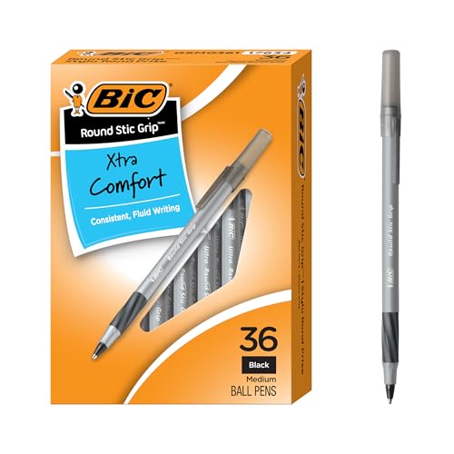 Image of BIC Round Stic Grip Xtra Comfort Ball Pen, Medium Point (1.2 mm), Black, 36-Count