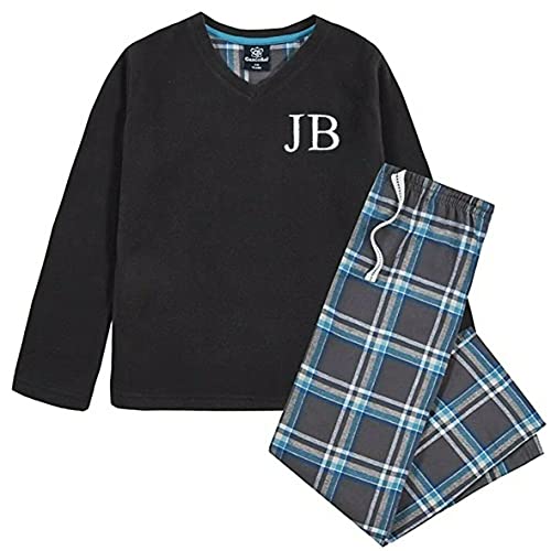 Kids Essentials Boys Personalised Check Fleece Pyjamas Lounge Wear (Black / Blue, 9-10 Years)