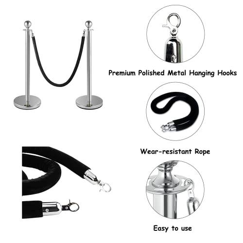 2 pcs Black Velvet Stanchion Rope, 5 Feet Crowd Control Safety Barriers with Polished Silver Hooks, Thick Stanchion Queue Barrier Rope for Carpet Events Movie Theaters Grand Openings