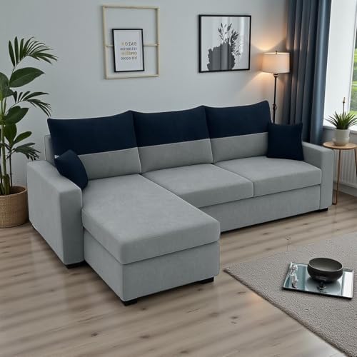 Image of FURNY Premium Huster 4 Seater Fabric LHS L Shape Sofa Set for Living Room | with Velvet Fabric in Dark Blue & Light Grey Color | Durable Comfort | Modern Design