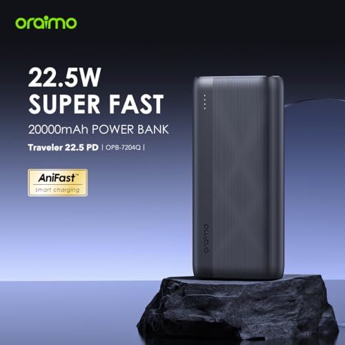 باور بانك ترافالير 22.5 بي دي 20000 مللي امبير في الساعة مع شحن سريع 20 واط، مخرج ثلاثي، مدخل نوع سي ومايكرو، حماية متعددة الطبقات مع مصباح LED من اورايمو
