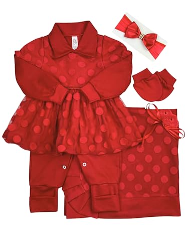 Conjunto Saída Maternidade Luxo Vermelho, Vestido com Poás, Faixa de Cabelo com Laço, Sapatinho, 6 Peças