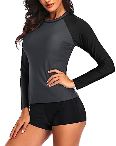 Image of Daci Women Two Piece Rash Guard Long Sleeve Swimsuits UV UPF 50+ Swim Shirt Bathing Suit with Boyshort Bottom